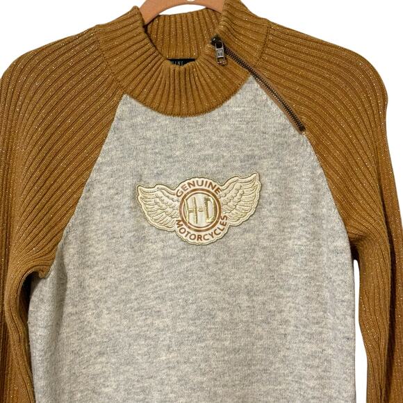 Harley Davidson Size Medium Metallic Gold Applique Mock Neck Ski Sweater - Picture 2 of 8
